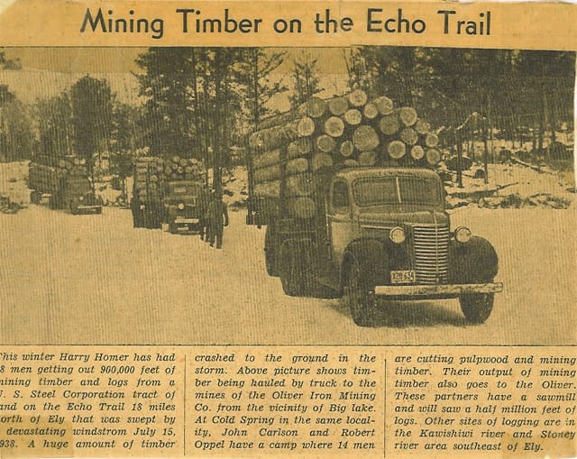 Old newspaper clipping about hauling timber on the Echo Trail