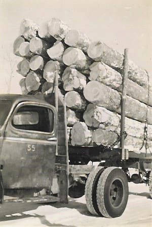 A log truck in the snow